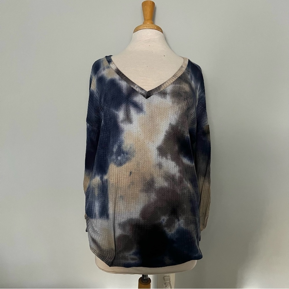 BiBi Navy Blue Tan White Tie Dye Waffle Knit Long Sleeve Comfy Top Size L